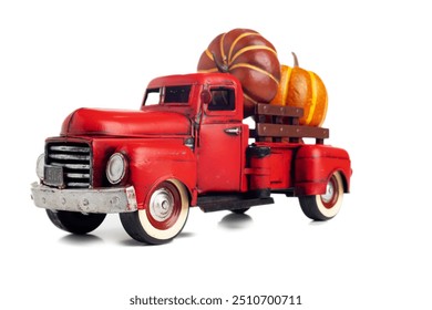 Red vintage truck with pumpkins on white background. Pumpkins for Thanksgiving holiday. - Powered by Shutterstock