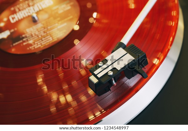 Red Vinyl Record Closeup On Dark Stock Photo Edit Now