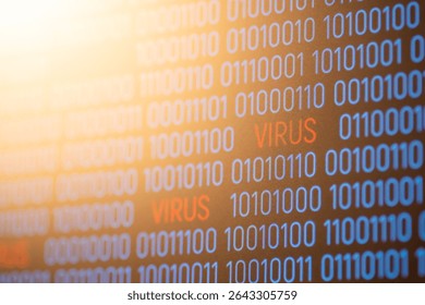 Red VIRUS message amidst binary code on screen. Digital representation of a virus, symbolizing digital danger and the need for reliable information protection