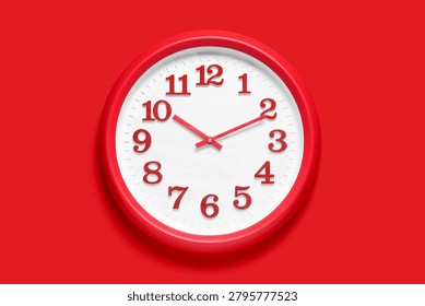 Red wall clock with white face and red numbers on a solid red background, time management and urgency