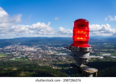 Red Warning Lights For Air Traffic On Roof Of High Building, Airport Lighting Equipment, Daylight