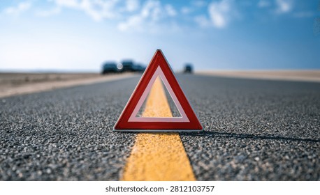 A red warning triangle is positioned on a paved road, centered on a bright yellow line, indicating a hazard or breakdown.