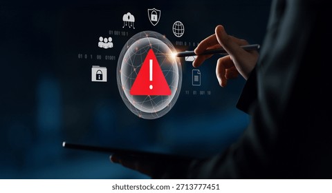 Red warning triangle representing a cybersecurity threat or data breach alert, surrounded by digital security and network protection icons, symbolizing cyber risk awareness Parse