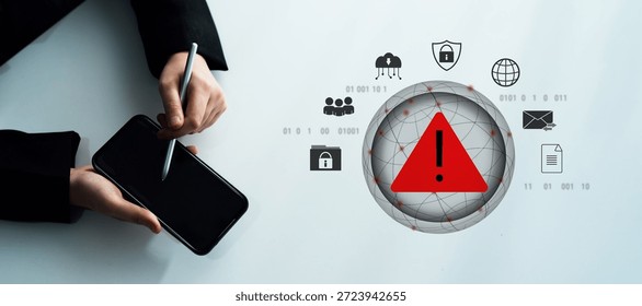 Red warning triangle representing a cybersecurity threat or data breach alert, surrounded by digital security and network protection icons, symbolizing cyber risk awareness Parse