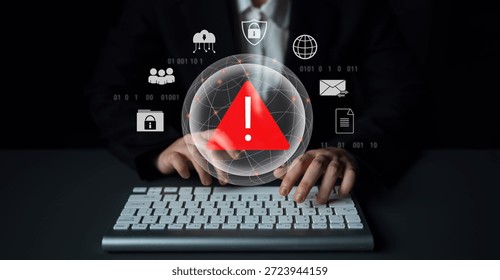 Red warning triangle representing a cybersecurity threat or data breach alert, surrounded by digital security and network protection icons, symbolizing cyber risk awareness Parse