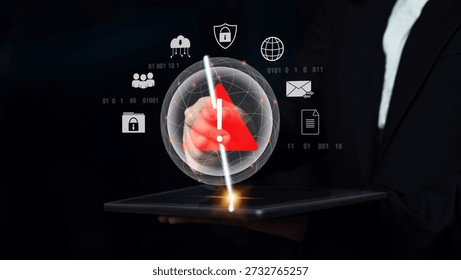 Red warning triangle representing a cybersecurity threat or data breach alert, surrounded by digital security and network protection icons, symbolizing cyber risk awareness Parse