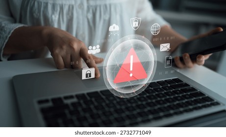 Red warning triangle representing a cybersecurity threat or data breach alert, surrounded by digital security and network protection icons, symbolizing cyber risk awareness Parse