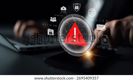 Red warning triangle representing a cybersecurity threat or data breach alert, surrounded by digital security and network protection icons, symbolizing cyber risk awareness Parse