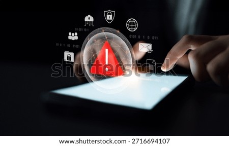 Red warning triangle representing a cybersecurity threat or data breach alert, surrounded by digital security and network protection icons, symbolizing cyber risk awareness Parse