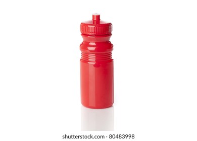 A Red Water Bottle Against A White Background