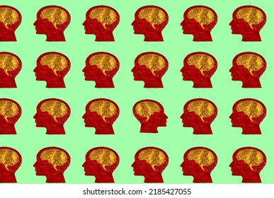 red water heads with yellow water brain lined up on the background, only one head looking in the opposite direction, creative modern design