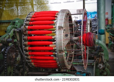 Red Weft Linen Threads On A Jacquard Loom