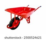 Red Wheelbarrow shows a brightly-colored red wheelbarrow commonly used in gardening and construction, featuring a single wheel and sturdy handles for easy maneuvering.