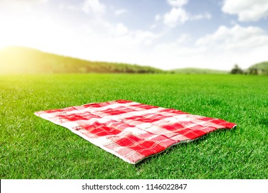 Red and white blanket on green grass and summer landcape with free space for your decoration. 