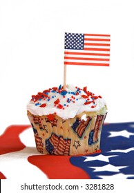 A Red, White And Blue  American Flag Holiday Celebration Cupcake.