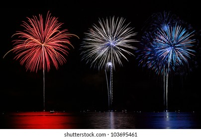 Red, White, & Blue Fireworks Reflecting In Lake