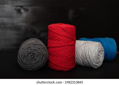 Red, White, Blue, Grey Cotton Ropes And Cords That Are Suitable For Use In Needlework And Macramé Crafts.