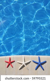 Red, White And Blue Starfish Sitting By Swimming Pool. Room For Your Text, Perfect For Cover Art.