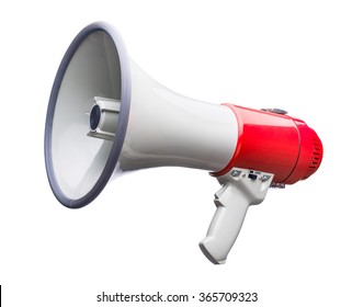 Red and white bullhorn public address megaphone isolated on white background