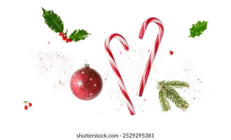 Red white candy cane, glitter christmas ball, holly berry and fir branch isolated on white background with spakles. Christmas decor card. Merry Christmas decoration. - Powered by Shutterstock