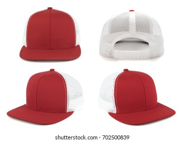 Red and white cap isolated on white background. Multiple angles included.