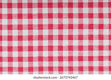Red and white checkered, pattern, design, cotton fabric for sewing, texture background close-up