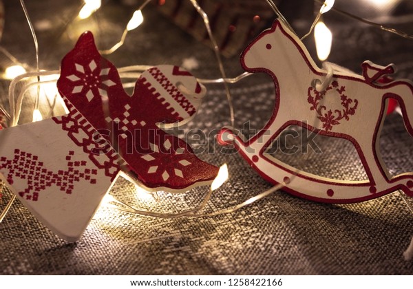 Red White Christmas Decoration Wooden Rockinghorse Stock Photo