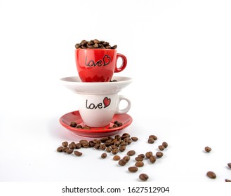red and white coffee cup  filled with coffee bean, image for valentine day concept