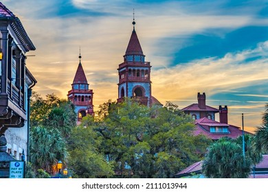 Red White Flagler College Towers Evening St Augustine Florida. Small College Founded 1968, Originally Ponce De Leon Hotel Founded 1888 By Henry Flagler