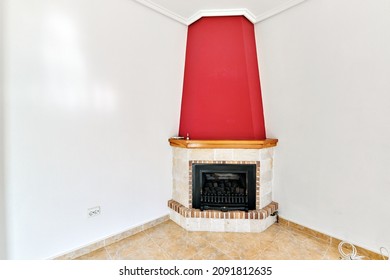 Red And White Interior Of Living Room, Fireplace Inside Domestic Room, No People Comfort, Season Heating Concept