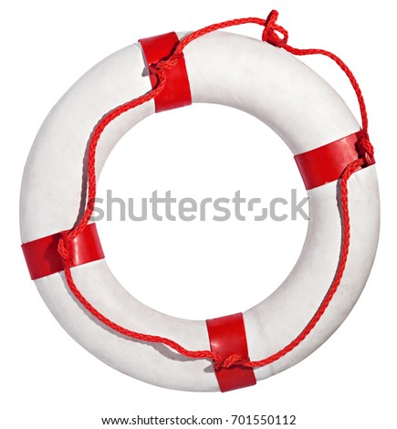 Red and white lifebuoy isolated against white background