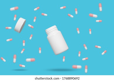 Red and white medicine capsules pill tablets floating around an open pill bottle with a floating lid on a blue background