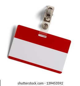 Red And White Plastic Name Badge With Metal Clip Isolated On White Background.