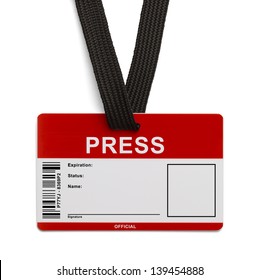 Red And White Press Pass ID Card Isolated On White Background.