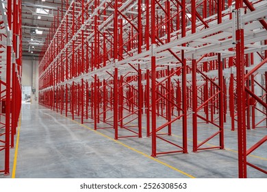 Red white racking system inside warehouse selective focus photography