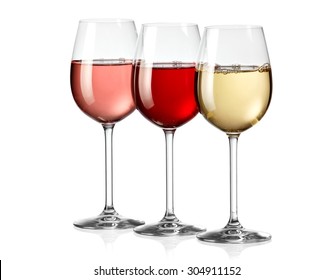 Red, White And Rose Wine Glasses With Bubbles