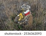 Red and white sign of the GR footpaths and yellow arrow of Camino de Santiago. Espa–a   