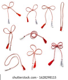 Red And White String Bows , East European First Of March, Woman's Day, Ribbon, Isolated