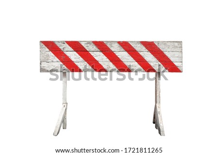 red and white striped on wooden panel barrier isolated on white background. the ban sign painted on wood plank and stand