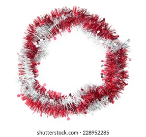 Red And White Tinsel Circle, Ring. Festive, Christmas. On White.