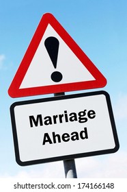 A red and white triangular road sign with a warning about a marriage ahead concept
