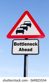 Red And White Triangular Road Sign With A Bottleneck Ahead Concept Against A Partly Cloudy Sky Background