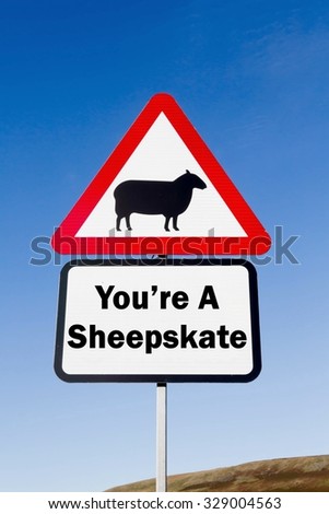 Red and white triangular road sign with a You're A Sheepskate play on words concept against a partly cloudy sky background