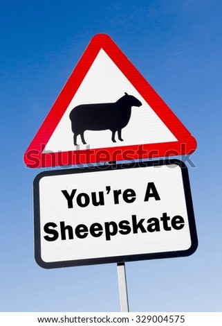 Red and white triangular road sign with a You're A Sheepskate play on words concept against a partly cloudy sky background