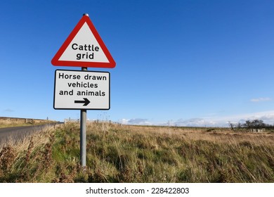 Red and white triangular warning road sign indicating a 'Cattle Grid' ahead
