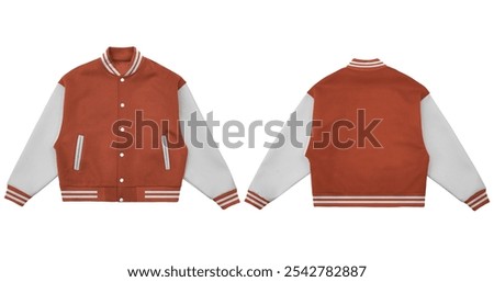 Red and white varsity jacket showcasing front and back designs, perfect for fashion blogs, sportswear advertisements, and trendy social media posts.