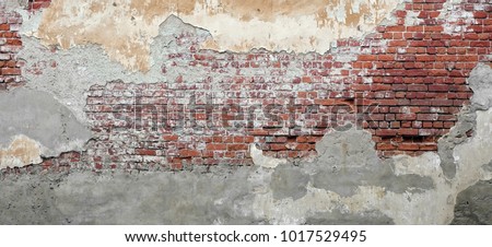 Red White Wall Background. Old Grungy Brickwork Horizontal Texture. Brickwall Backdrop. Structure With Broken Stucco And Plaster.