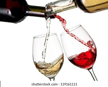 Red And White Wine Flow In Two Glasses