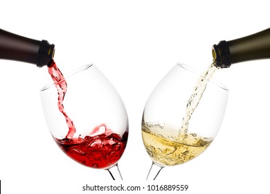 Red And White Wine Poured From A Bottle Into Wine Glass On White Background, Isolated