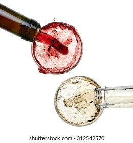 Red and white wine pouring, top view